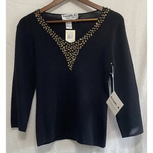 Joseph A Black Embellished V Neck Sweater Medium NWT Stone Beaded Knit Top